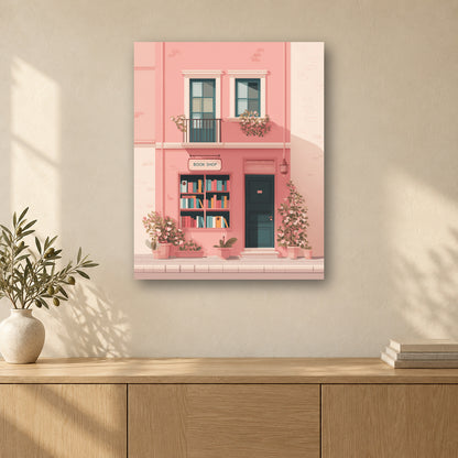 Tableau peinture par numéro La Librairie Rose accroché dans un intérieur décoré, Maison Artsen