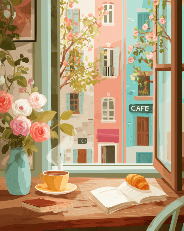 Peinture par numéro adulte Fenêtre sur Rue Pastel, visuel complet du design sur toile, Maison Artsen