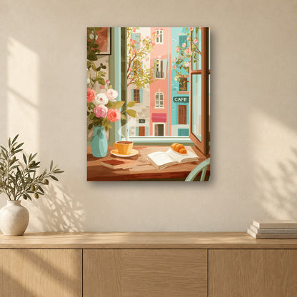 Tableau peinture par numéro Fenêtre sur Rue Pastel accroché dans un intérieur décoré, Maison Artsen
