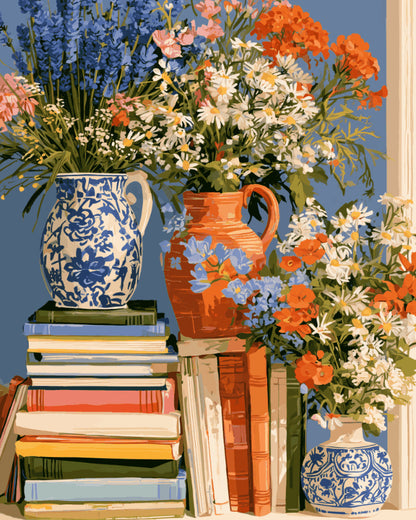 Peinture par numéro adulte Bouquets et Livres, visuel complet du design sur toile, Maison Artsen