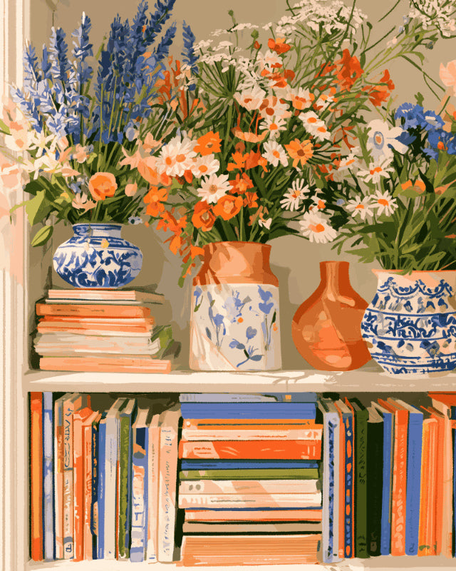 Peinture par numéro adulte Bouquets sur la Bibliothèque, visuel complet du design sur toile, Maison Artsen