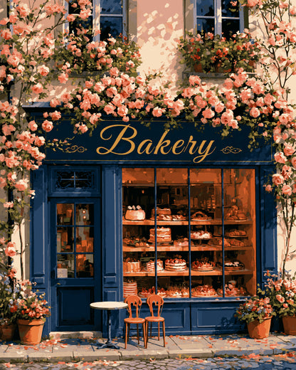 Peinture par numéro adulte La Boulangerie du Coin, visuel complet du design sur toile, Maison Artsen