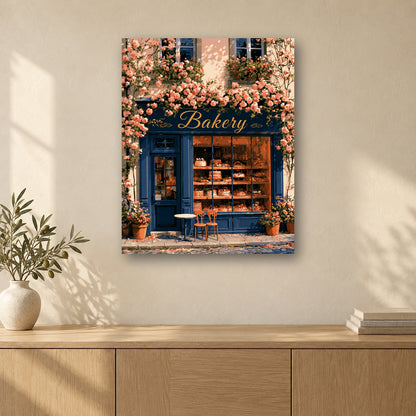 Tableau peinture par numéro La Boulangerie du Coin accroché dans un intérieur décoré, Maison Artsen