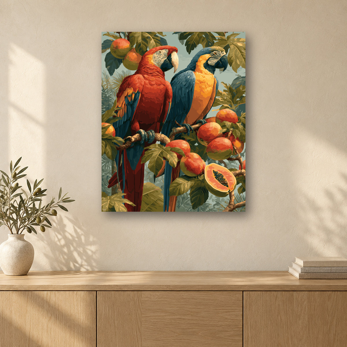 Tableau peinture par numéro Duo de la Forêt Tropicale accroché dans un intérieur décoré, Maison Artsen