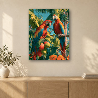 Tableau peinture par numéro Aras Rouges sous les Palmes accroché dans un intérieur décoré, Maison Artsen