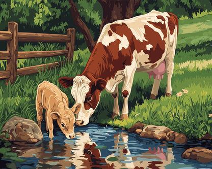 Peinture par numéro adulte La Vache et son Veau, visuel complet du design sur toile, Maison Artsen