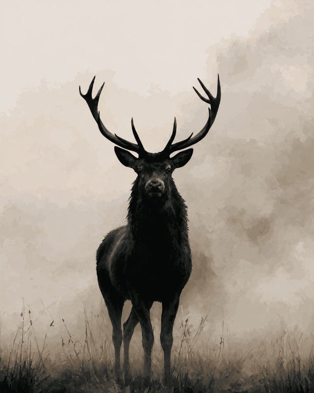Peinture par numéro adulte Cerf dans la Brume, visuel complet du design sur toile, Maison Artsen