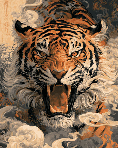 Peinture par numéro adulte Tigre dans la Fumée, visuel complet du design sur toile, Maison Artsen