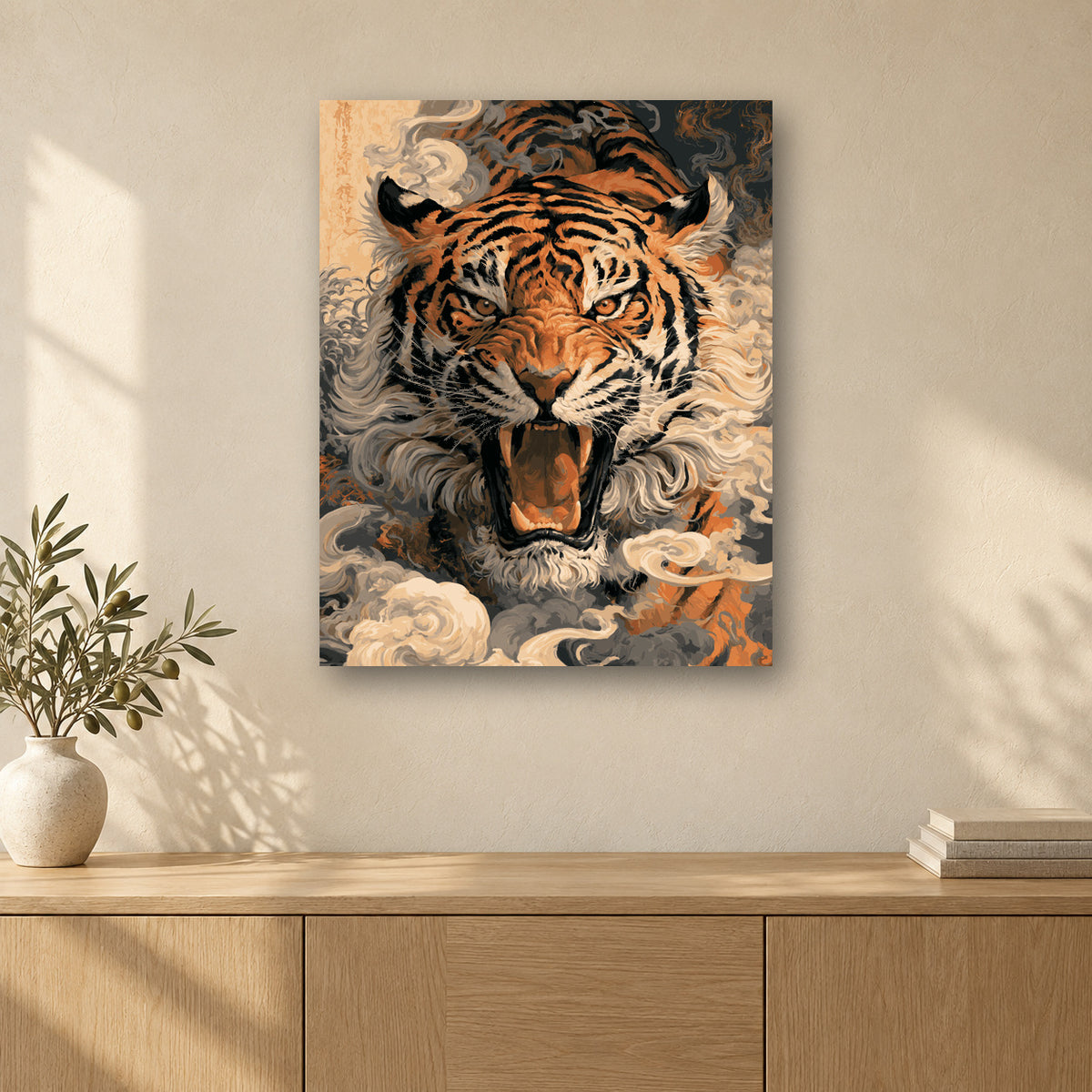 Tableau peinture par numéro Tigre dans la Fumée accroché dans un intérieur décoré, Maison Artsen