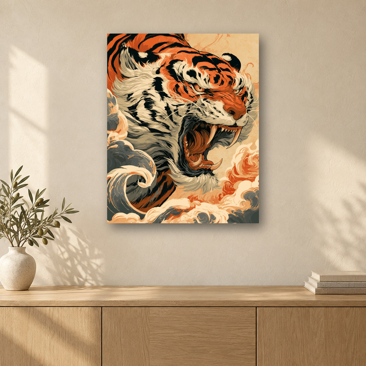 Tableau peinture par numéro Tigre Majestueux accroché dans un intérieur décoré, Maison Artsen