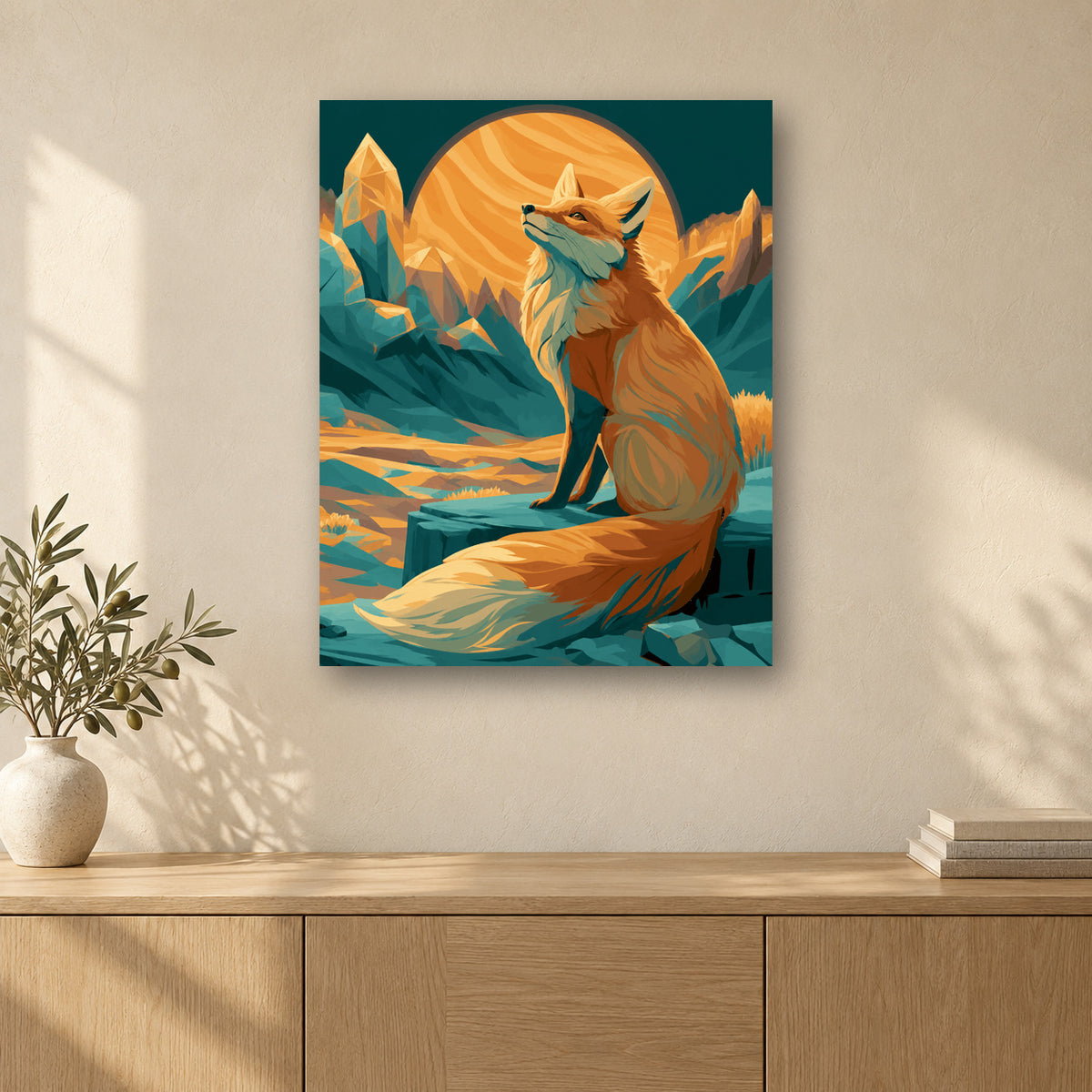 Tableau peinture par numéro Renard au Crépuscule accroché dans un intérieur décoré, Maison Artsen