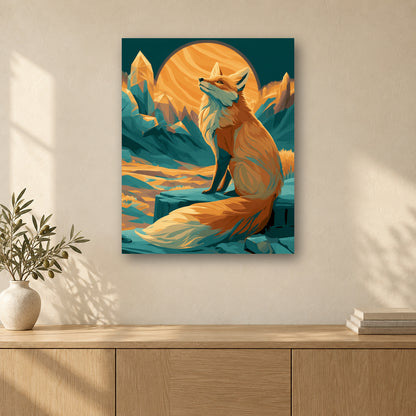Tableau peinture par numéro Renard au Crépuscule accroché dans un intérieur décoré, Maison Artsen