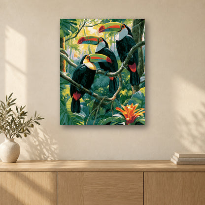 Tableau peinture par numéro Trio de la Forêt Tropicale accroché dans un intérieur décoré, Maison Artsen