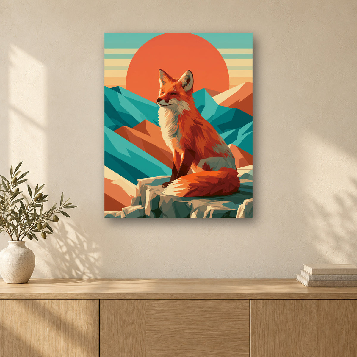Tableau peinture par numéro Renard à l’Aube accroché dans un intérieur décoré, Maison Artsen