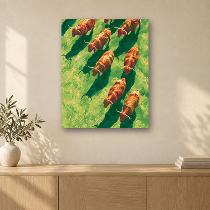 Tableau peinture par numéro Vaches Highland au Galop accroché dans un intérieur décoré, Maison Artsen