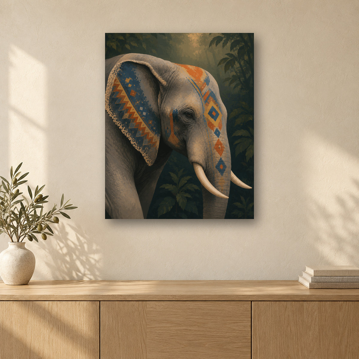 Tableau peinture par numéro Éléphant Tribal accroché dans un intérieur décoré, Maison Artsen