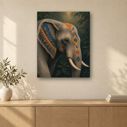 Tableau peinture par numéro Éléphant Tribal accroché dans un intérieur décoré, Maison Artsen