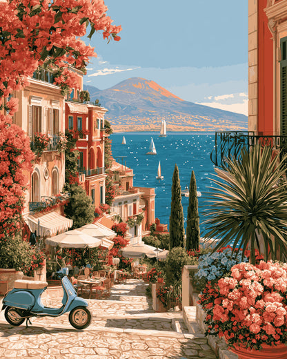 Peinture par numéro adulte Été à Naples, visuel complet du design sur toile, Maison Artsen