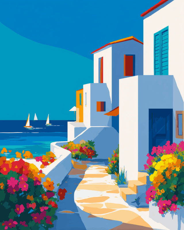 Peinture par numéro adulte Chemin d’Azur, visuel complet du design sur toile, Maison Artsen
