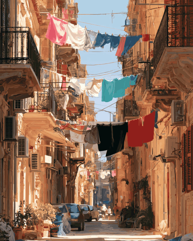 Peinture par numéro adulte Ruelles de Naples, visuel complet du design sur toile, Maison Artsen