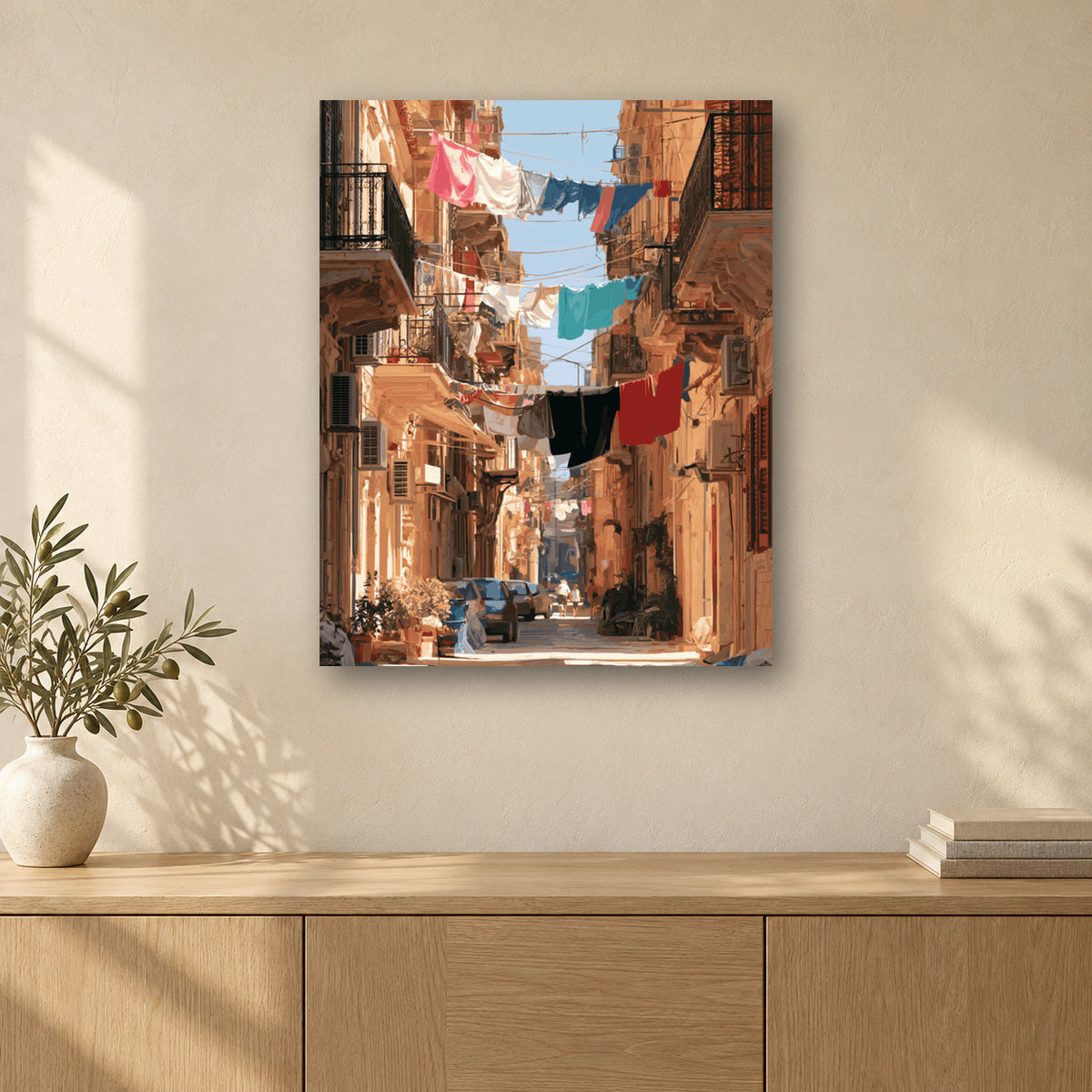 Tableau peinture par numéro Ruelles de Naples accroché dans un intérieur décoré, Maison Artsen