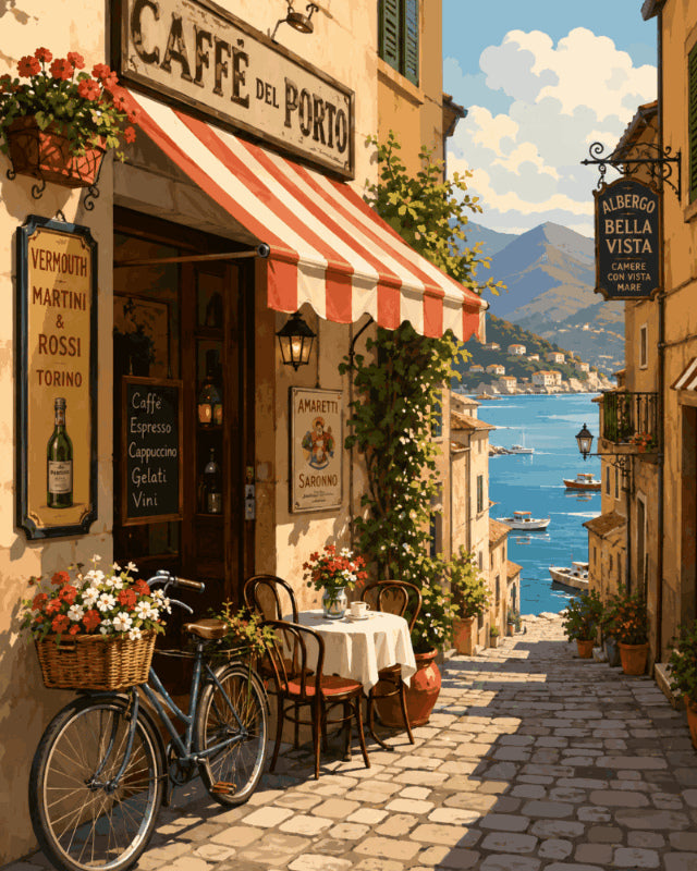 Peinture par numéro adulte Matin en Italie, visuel complet du design sur toile, Maison Artsen