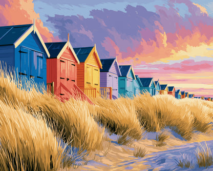 Peinture par numéro adulte Cabines de Plage au Couchant, visuel complet du design sur toile, Maison Artsen
