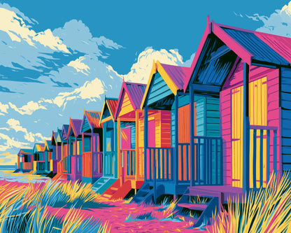 Peinture par numéro adulte Cabines de Plage Pop, visuel complet du design sur toile, Maison Artsen