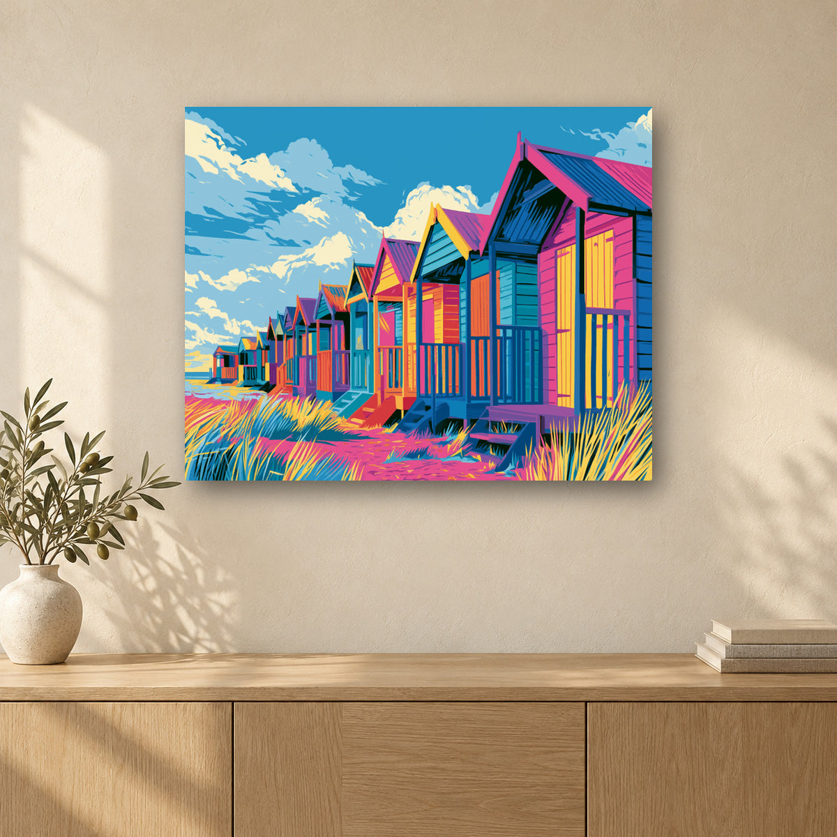 Tableau peinture par numéro Cabines de Plage Pop accroché dans un intérieur décoré, Maison Artsen