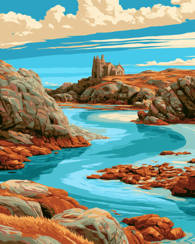 Peinture par numéro adulte Île d’Iona, visuel complet du design sur toile, Maison Artsen