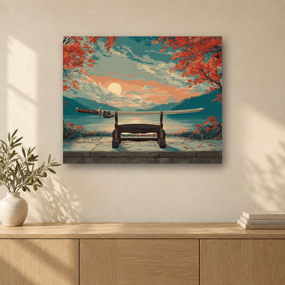 Tableau peinture par numéro Sabre au Soleil Couchant accroché dans un intérieur décoré, Maison Artsen