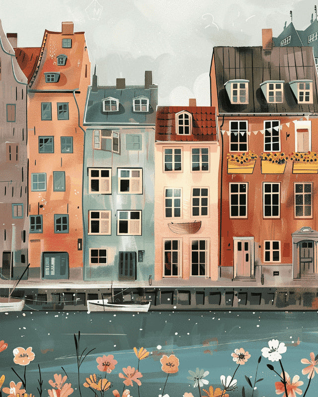 Peinture par numéro adulte Maisons du Canal, visuel complet du design sur toile, Maison Artsen