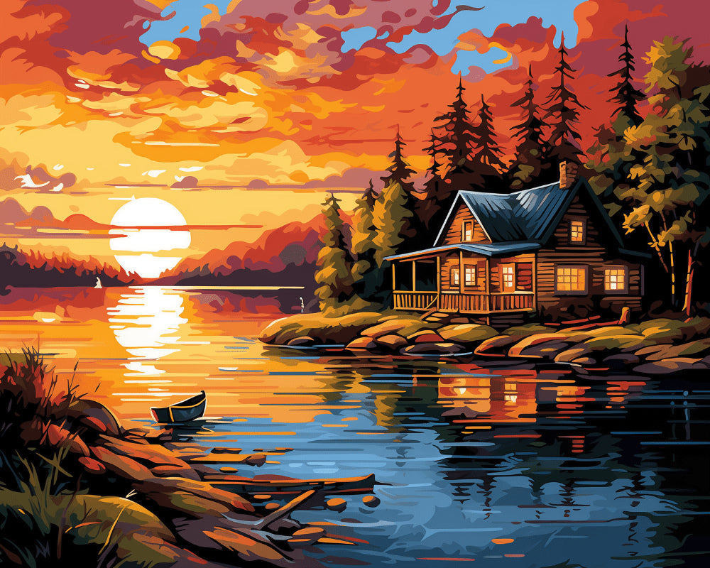 Peinture par numéro adulte Cabane au Bord de l’Eau, visuel complet du design sur toile, Maison Artsen