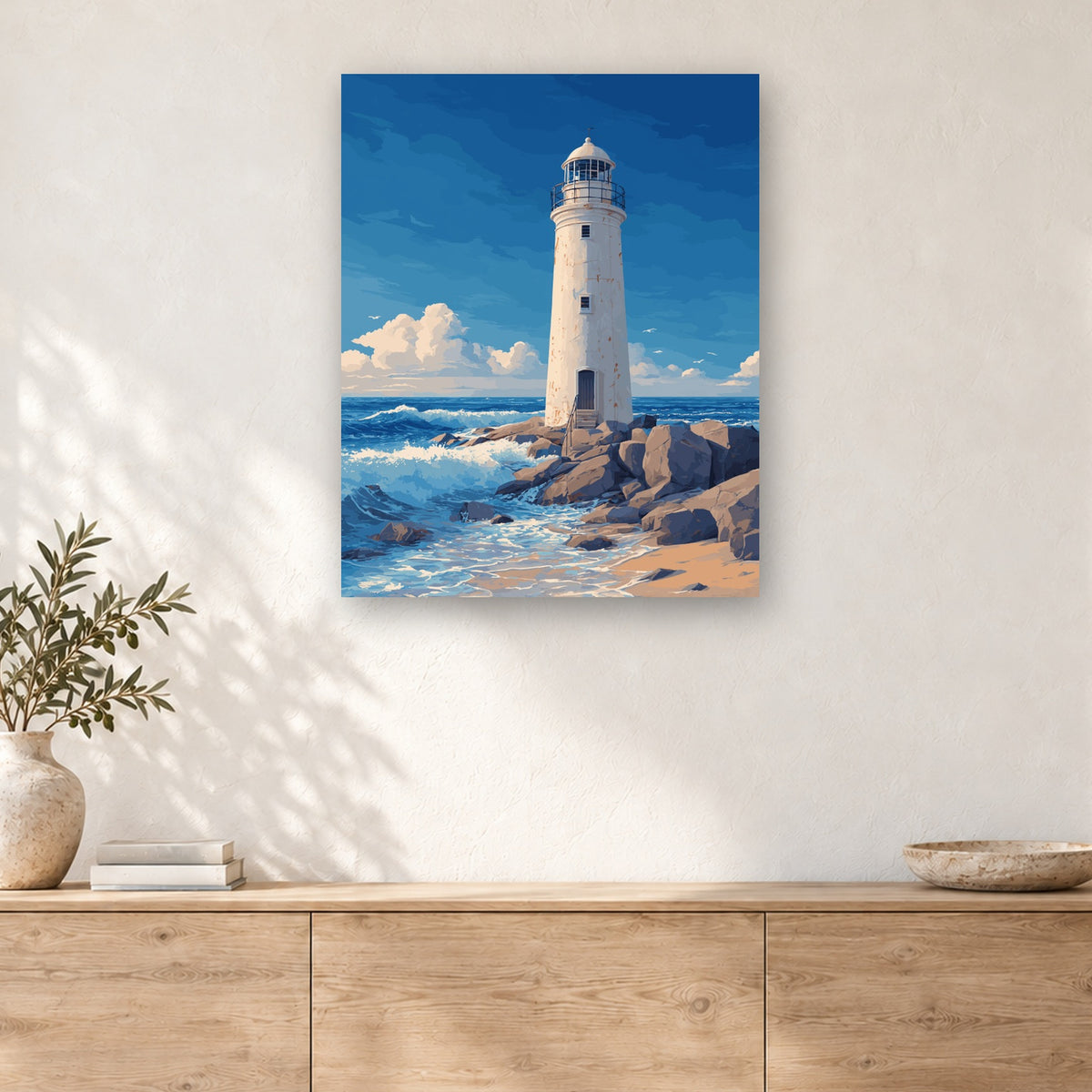 Tableau peinture par numéro Phare sur les Rochers accroché dans un intérieur décoré, Maison Artsen