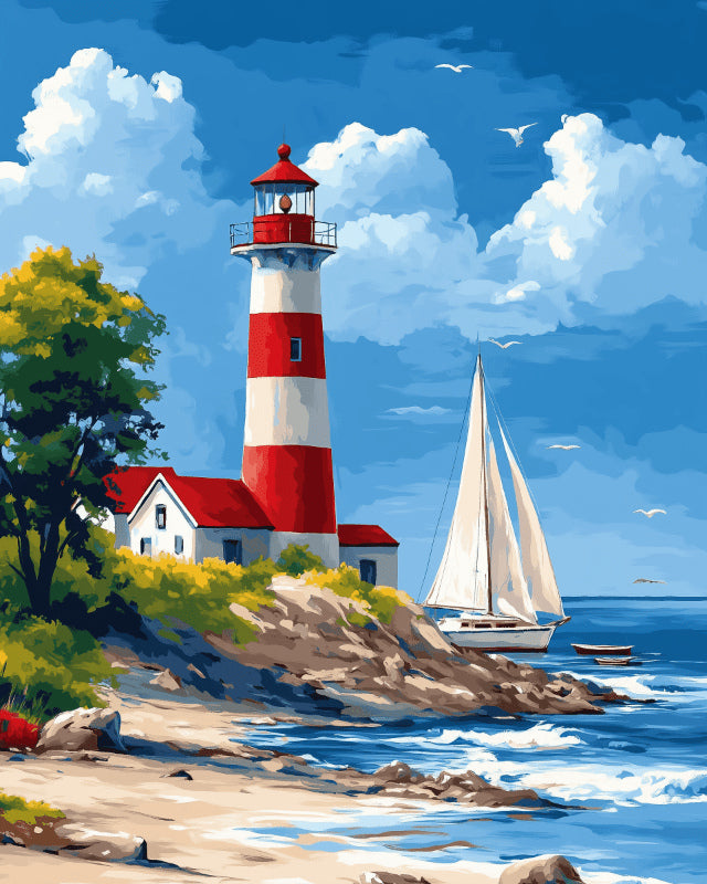 Peinture par numéro adulte Phare Rouge et Blanc, visuel complet du design sur toile, Maison Artsen