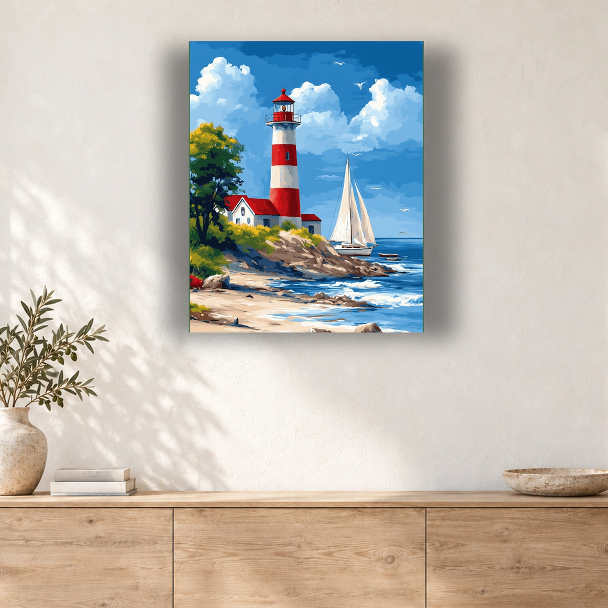Tableau peinture par numéro Phare Rouge et Blanc accroché dans un intérieur décoré, Maison Artsen