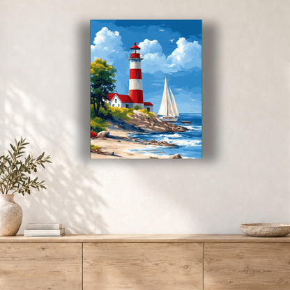 Tableau peinture par numéro Phare Rouge et Blanc accroché dans un intérieur décoré, Maison Artsen