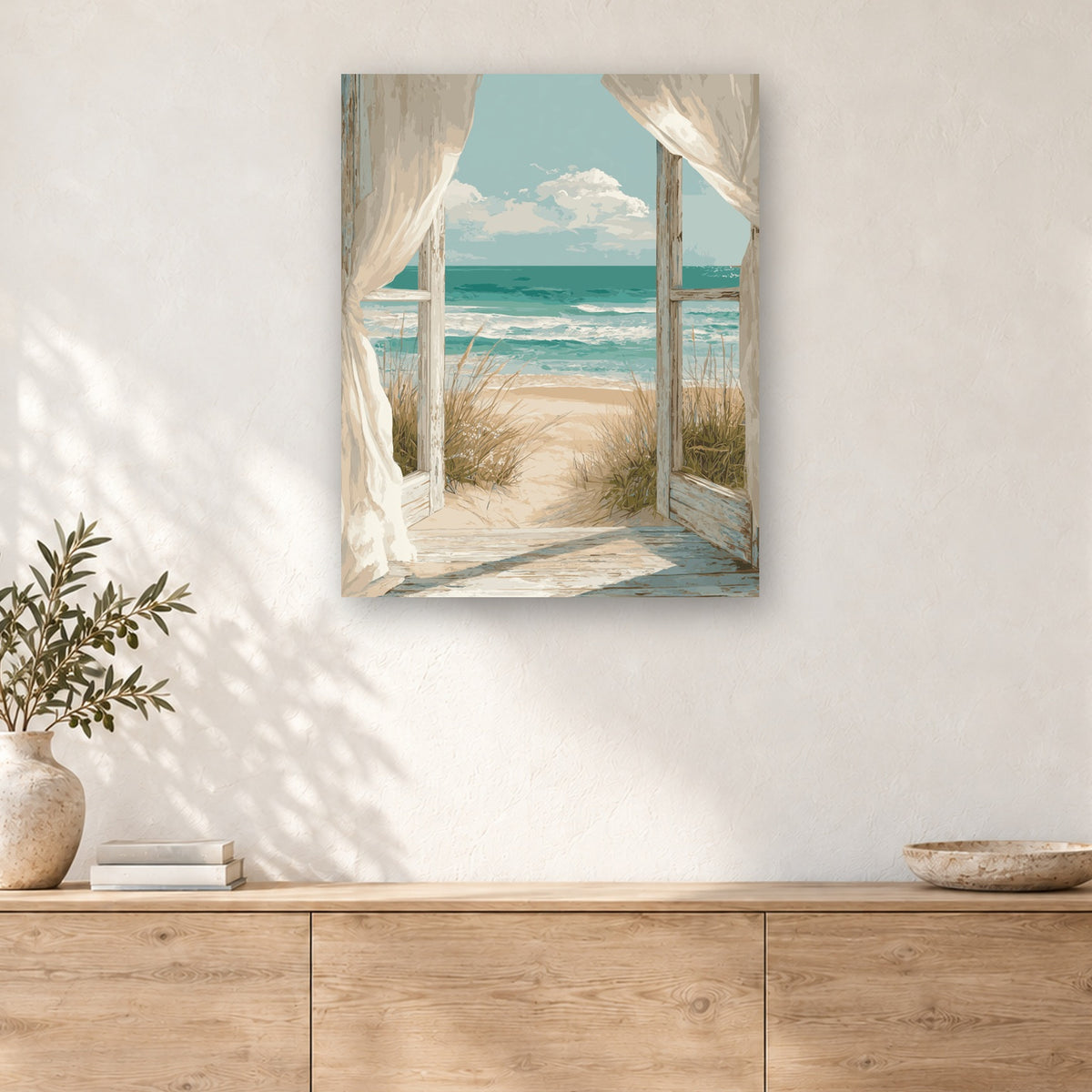 Tableau peinture par numéro Porte Ouverte sur la Plage accroché dans un intérieur décoré, Maison Artsen