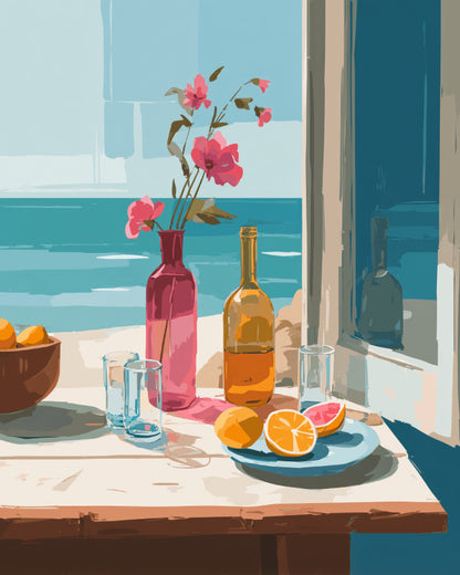 Peinture par numéro adulte Nature Morte Face à la Mer, visuel complet du design sur toile, Maison Artsen