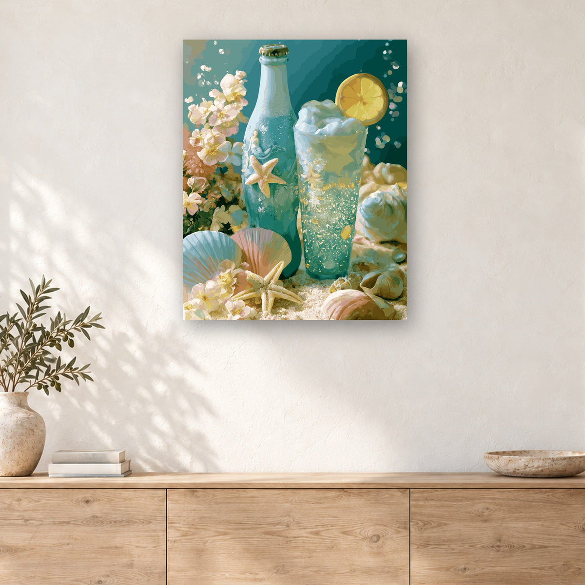 Tableau peinture par numéro Limonade aux Coquillages accroché dans un intérieur décoré, Maison Artsen