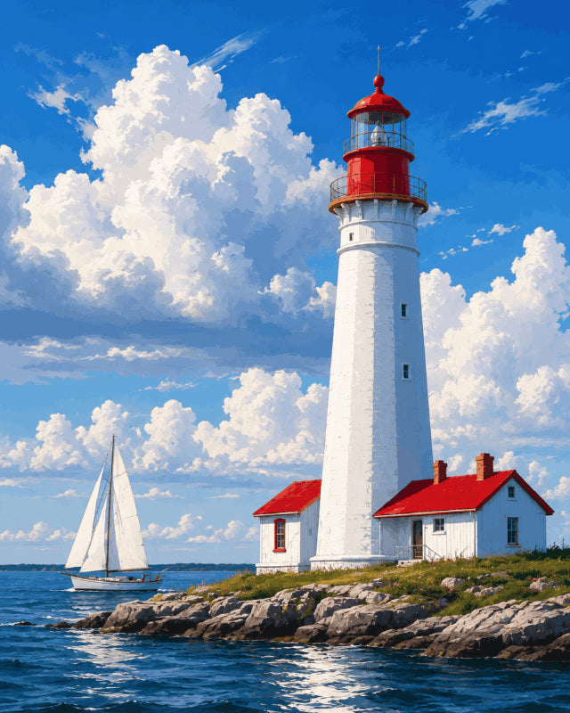 Peinture par numéro adulte Phare sous les Nuages, visuel complet du design sur toile, Maison Artsen