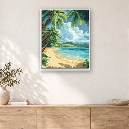 Tableau peinture par numéro Lagon sous les Palmiers accroché dans un intérieur décoré, Maison Artsen