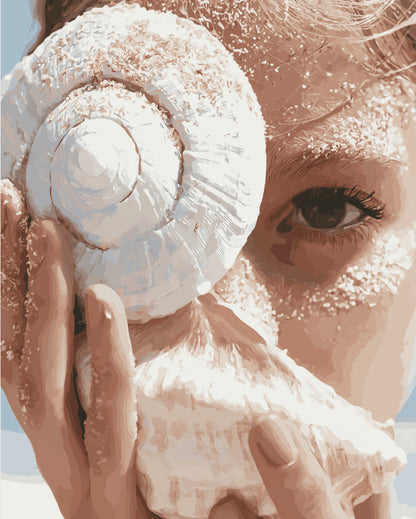 Peinture par numéro adulte Regard au Coquillage, visuel complet du design sur toile, Maison Artsen