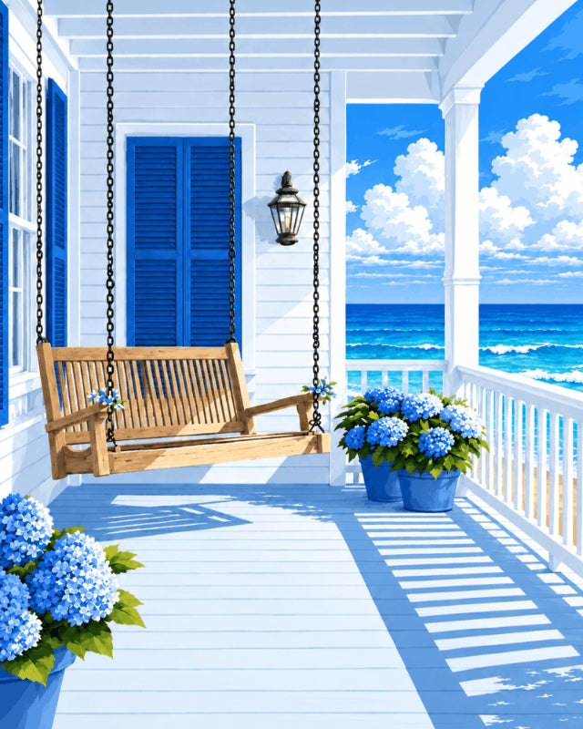 Peinture par numéro adulte Balancelle Face à la Mer, visuel complet du design sur toile, Maison Artsen