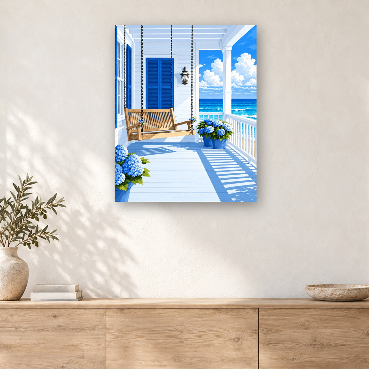 Tableau peinture par numéro Balancelle Face à la Mer accroché dans un intérieur décoré, Maison Artsen