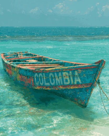 Peinture par numéro adulte Barque des Caraïbes, visuel complet du design sur toile, Maison Artsen