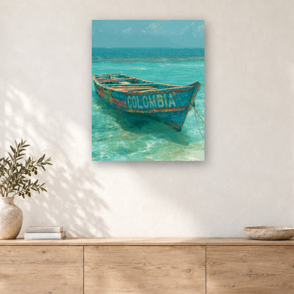 Tableau peinture par numéro Barque des Caraïbes accroché dans un intérieur décoré, Maison Artsen