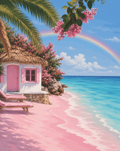 Peinture par numéro adulte Arc-en-ciel sur Sable Rose, visuel complet du design sur toile, Maison Artsen