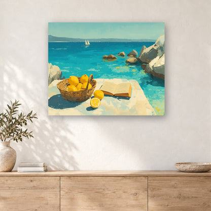 Tableau peinture par numéro Citrons et Roman au Soleil accroché dans un intérieur décoré, Maison Artsen