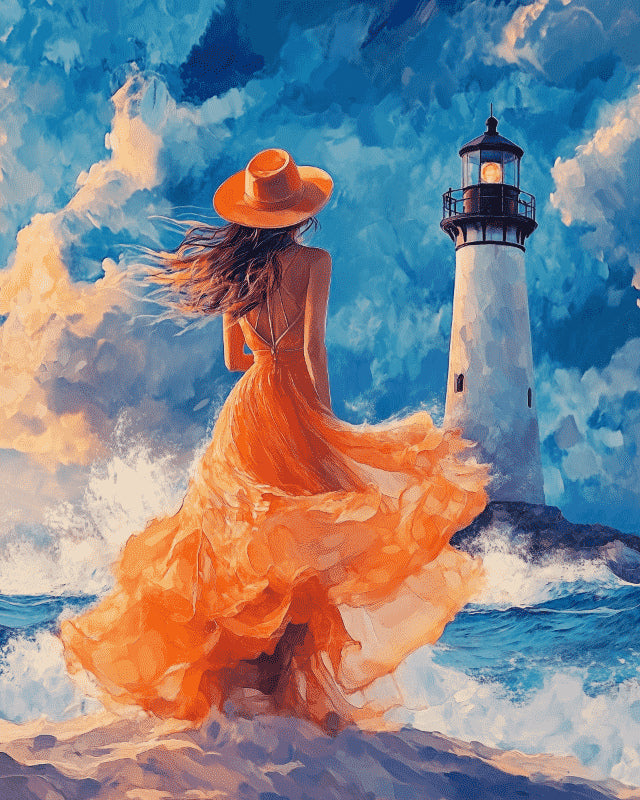 Peinture par numéro adulte Robe Orange dans le Vent, visuel complet du design sur toile, Maison Artsen